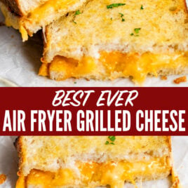 A collage of two photos of air fryer grilled cheese sandwich
