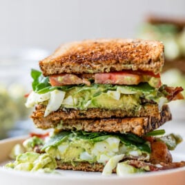 Avocado Egg Salad Sandwiches with Bacon stacked halves