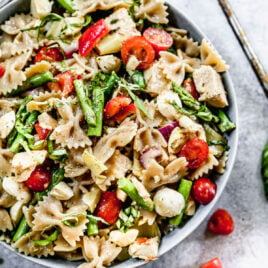 Chicken pasta salad with tomatoes, mozzarella, and asparagus