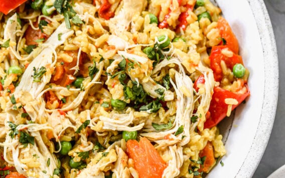 Easy instant pot chicken and rice with vegetables on a white plate