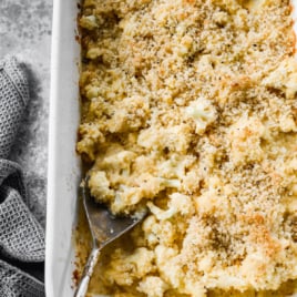 baking dish of cheesy easy low carb cauliflower mac and cheese