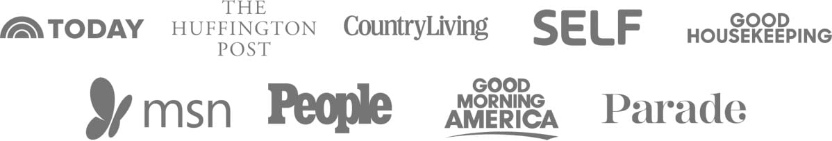 Logos of press outlets where Well Plated has been featured including Today, The Huffington Post, Country Living, SELF, Good Housekeeping, and MSN