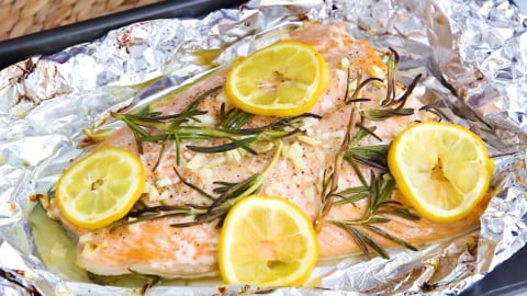 easy baked salmon in foil with lemons and rosemary
