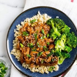 Slow Cooker Honey Garlic Chicken with Broccoli and Rice on a Plate